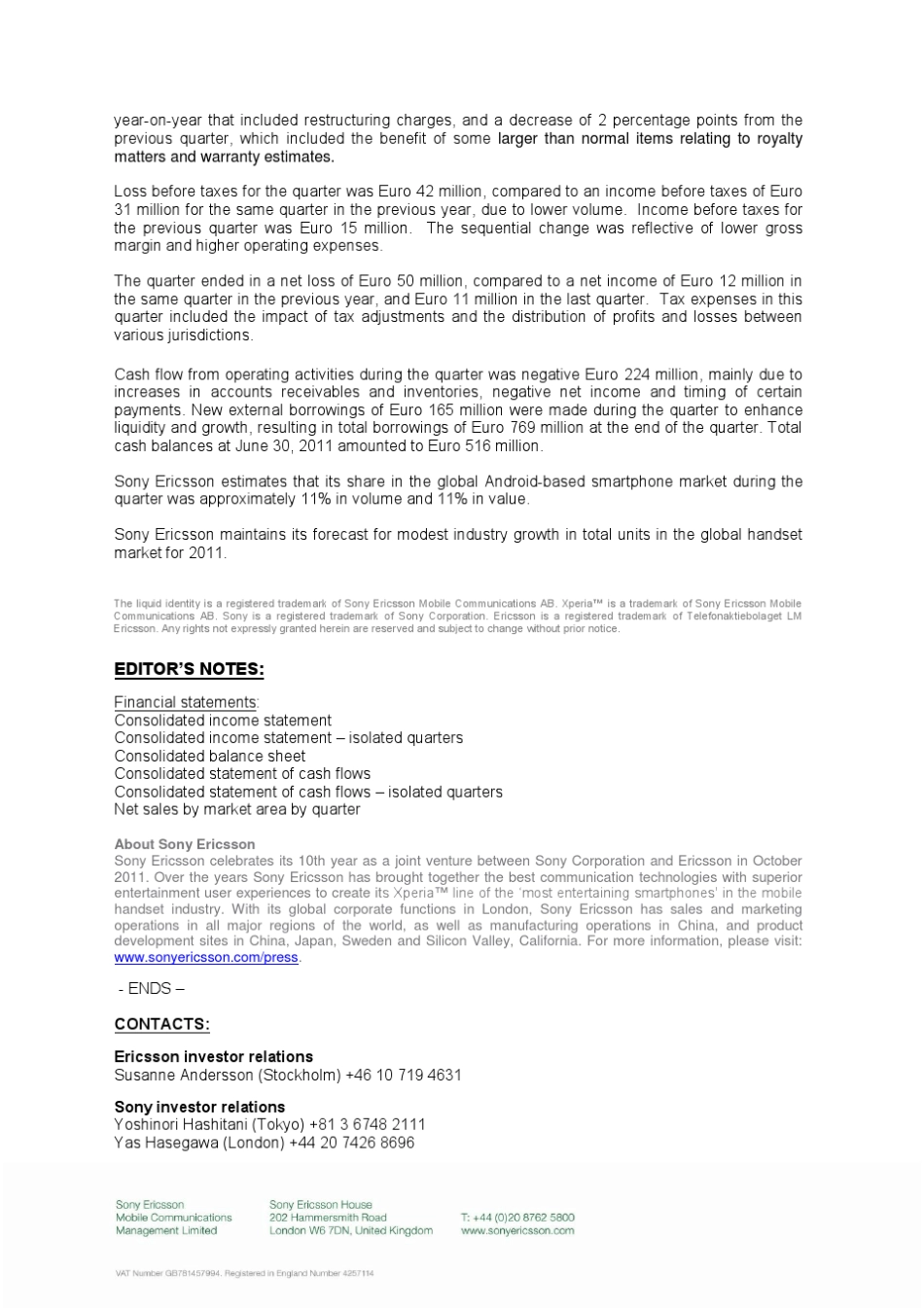 索尼爱立信2011第二季度财务报告_第2页