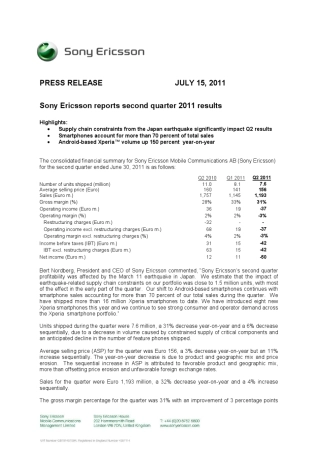索尼爱立信2011第二季度财务报告