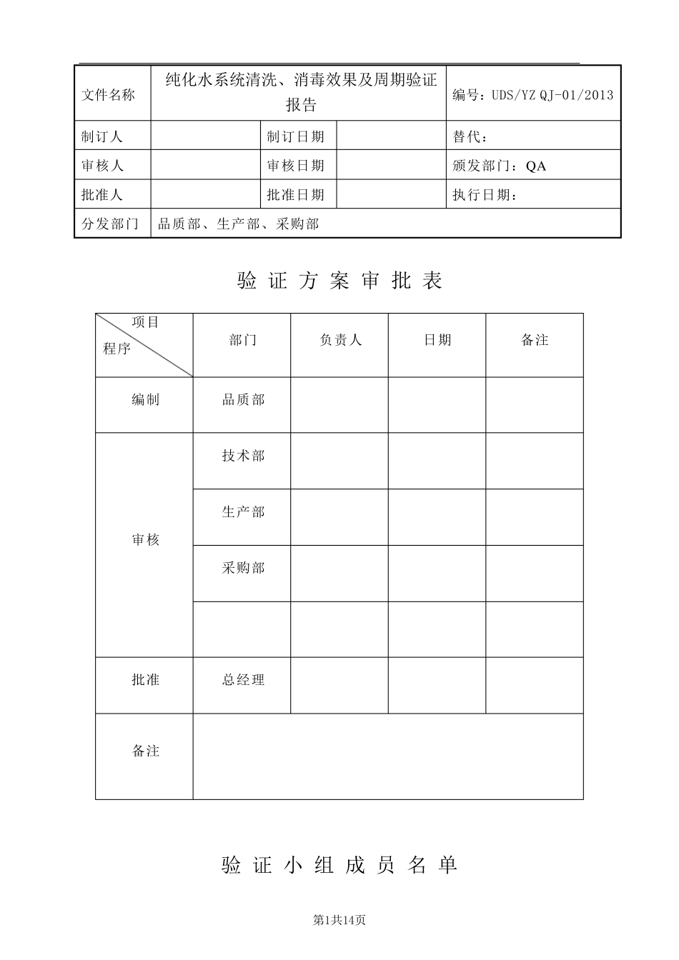 纯化水系统清洗、消毒效果及周期验证报告_第1页