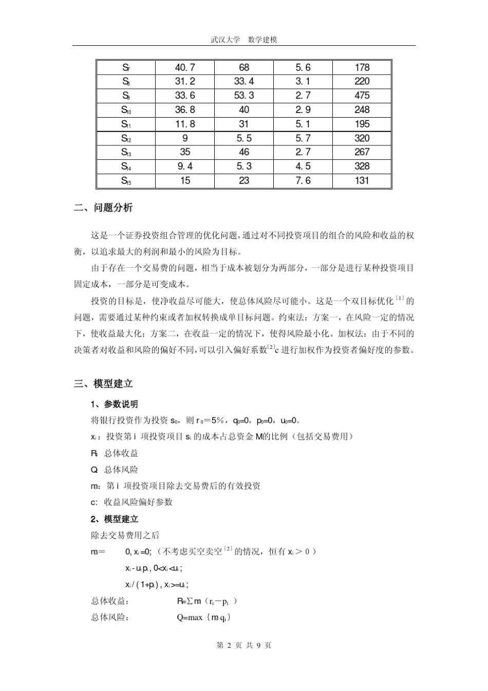 组合投资的收益和风险问题模型_第2页