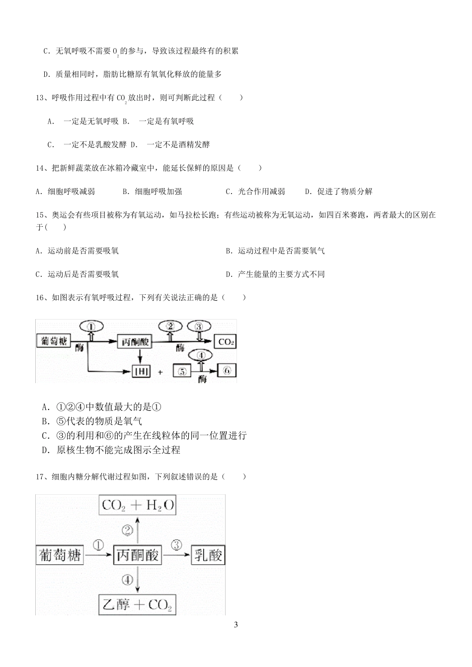细胞呼吸练习含答案_第3页