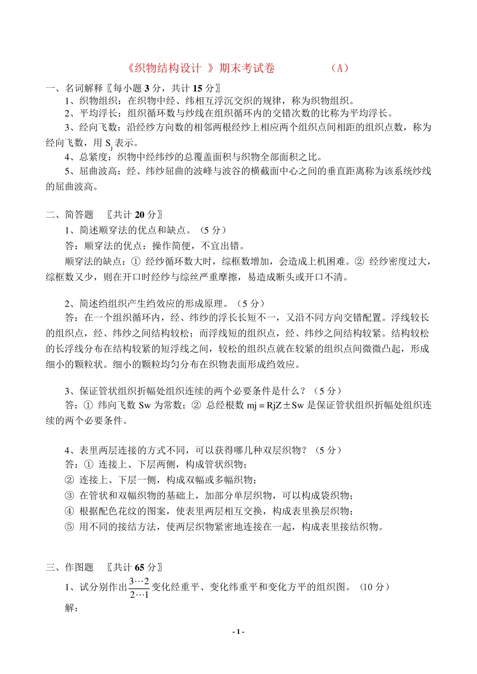 织物组织结构期末参考试题_第1页