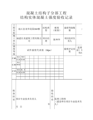 结构实体砼强度验收记录