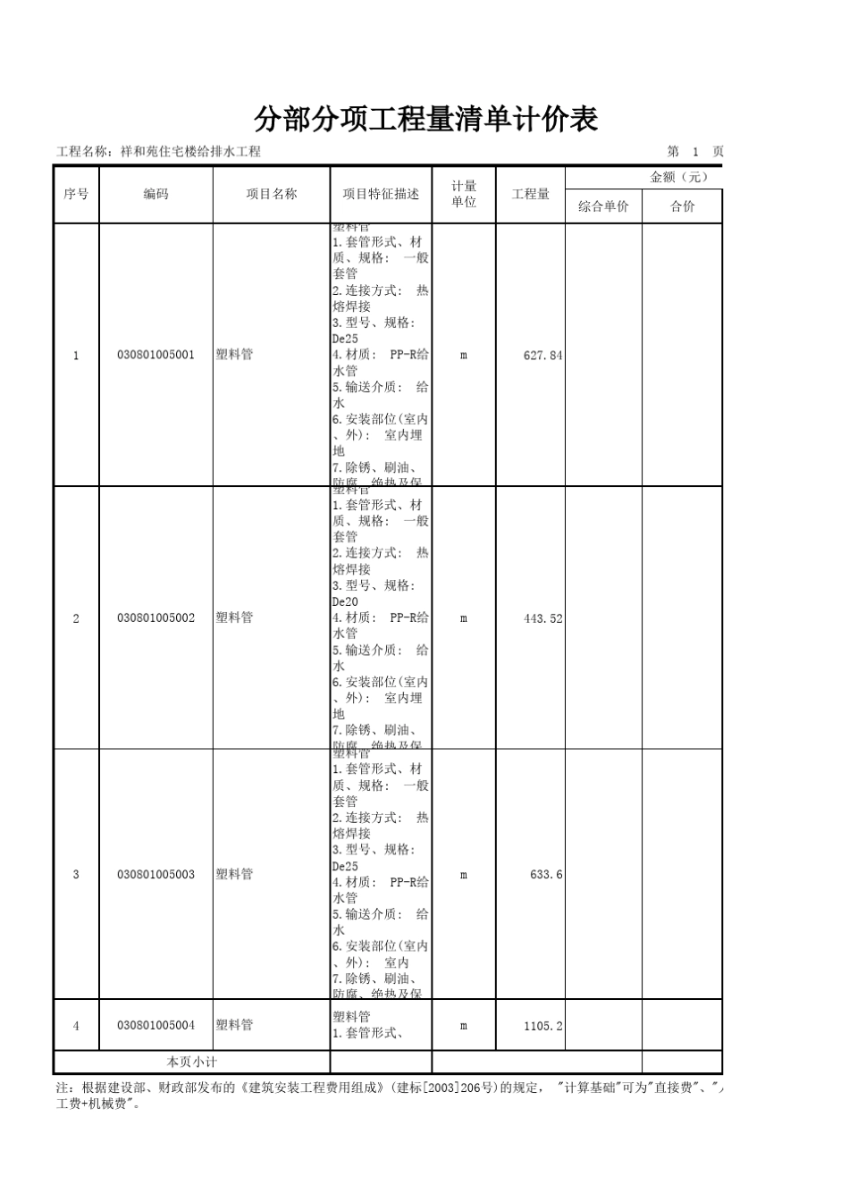 给排水工程量清单与计价表_第1页