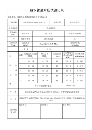 给水压力管道试验记录表自动计算表格
