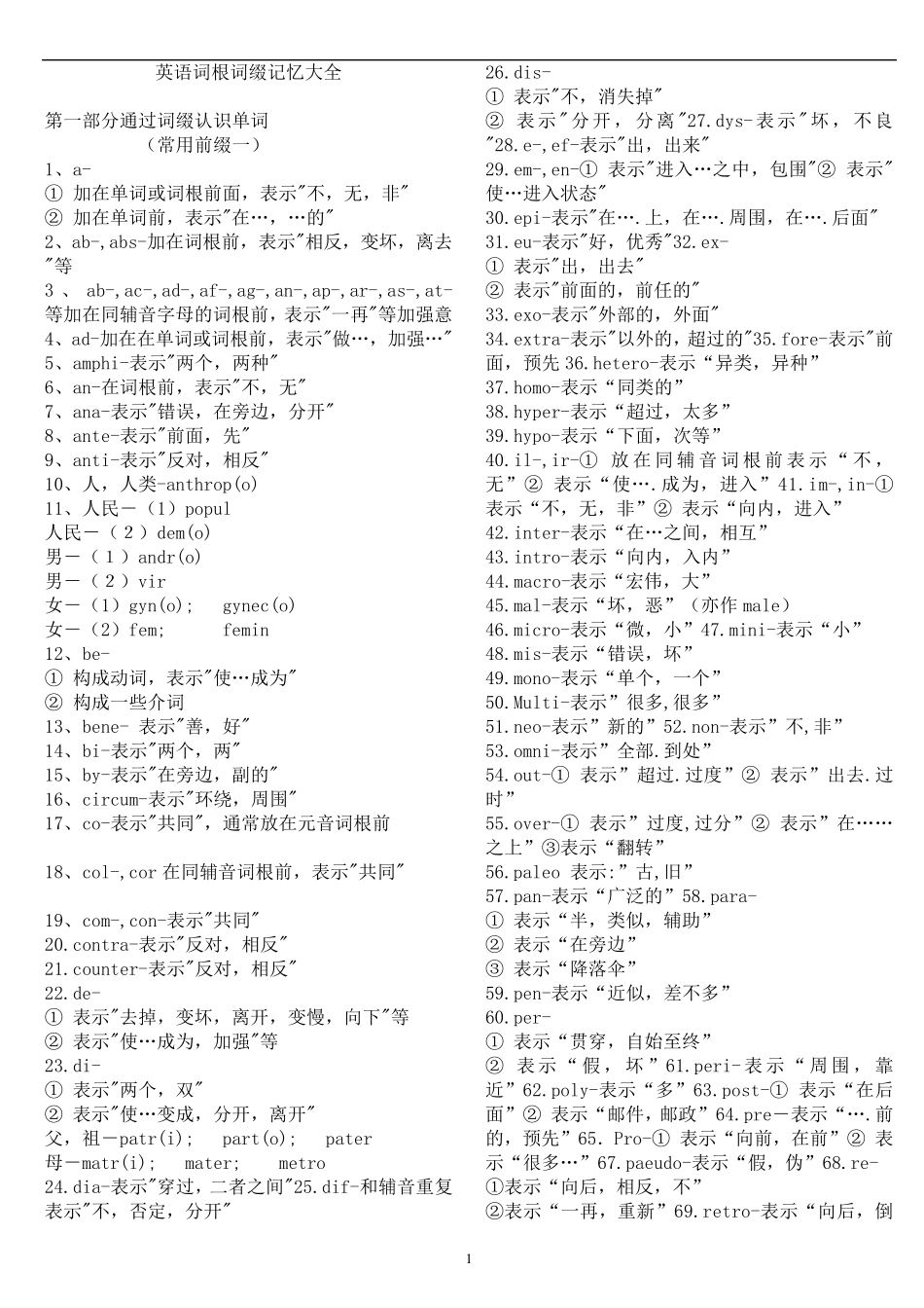 绝对完整的英语词根词缀大全上_第1页