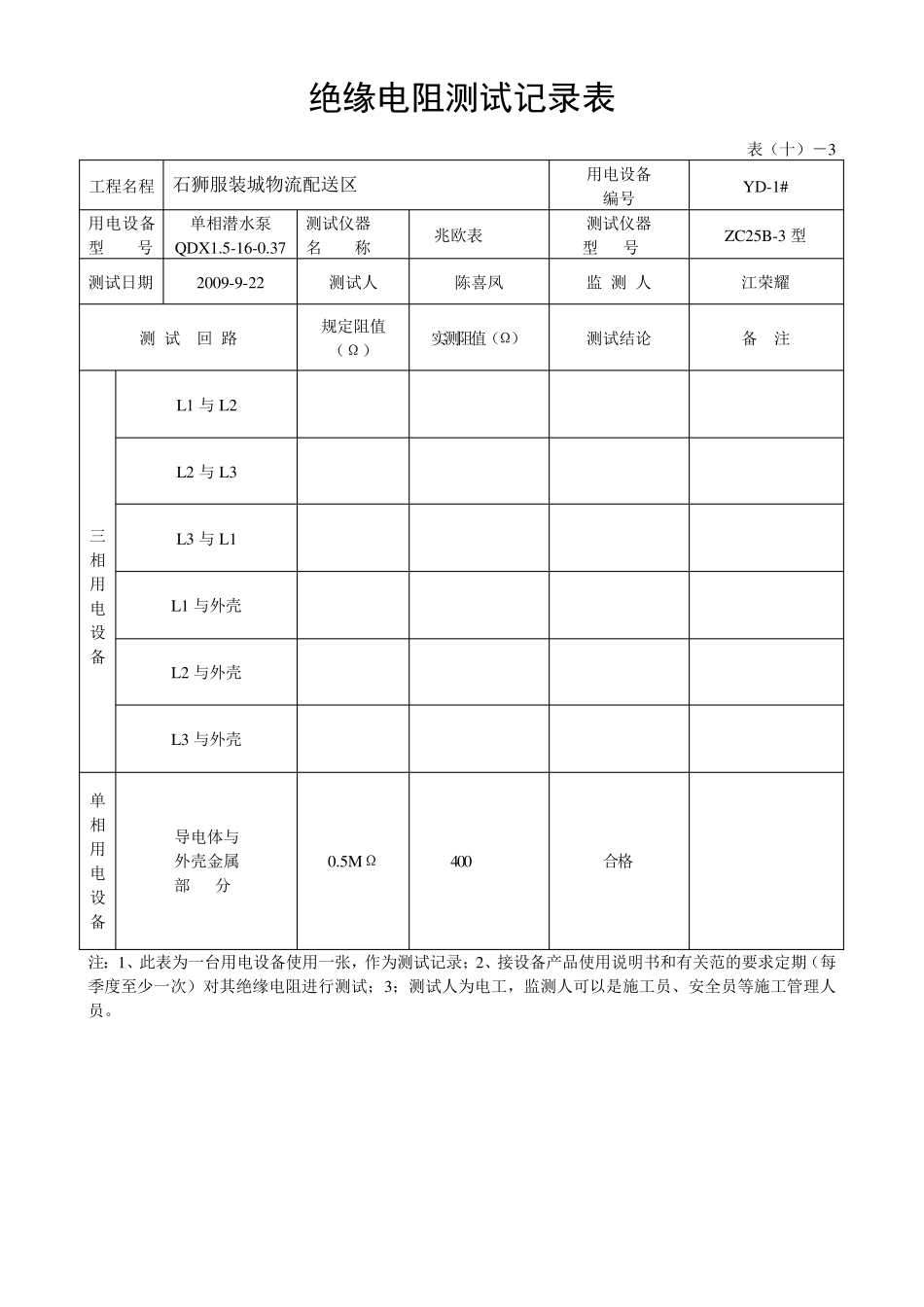 绝缘电阻测试记录表_第1页