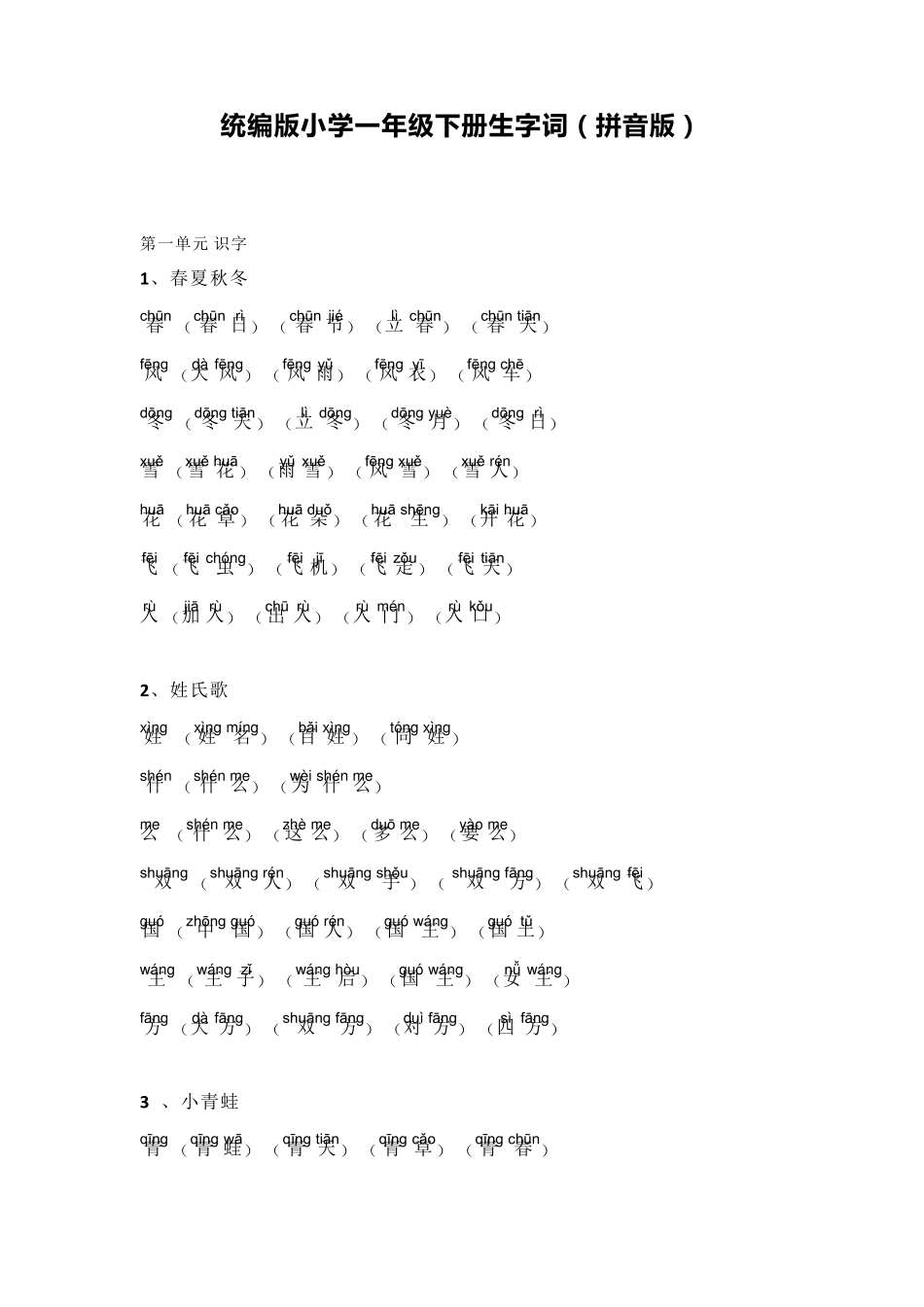 统编版一年级语文下册生字词(拼音版)_第1页