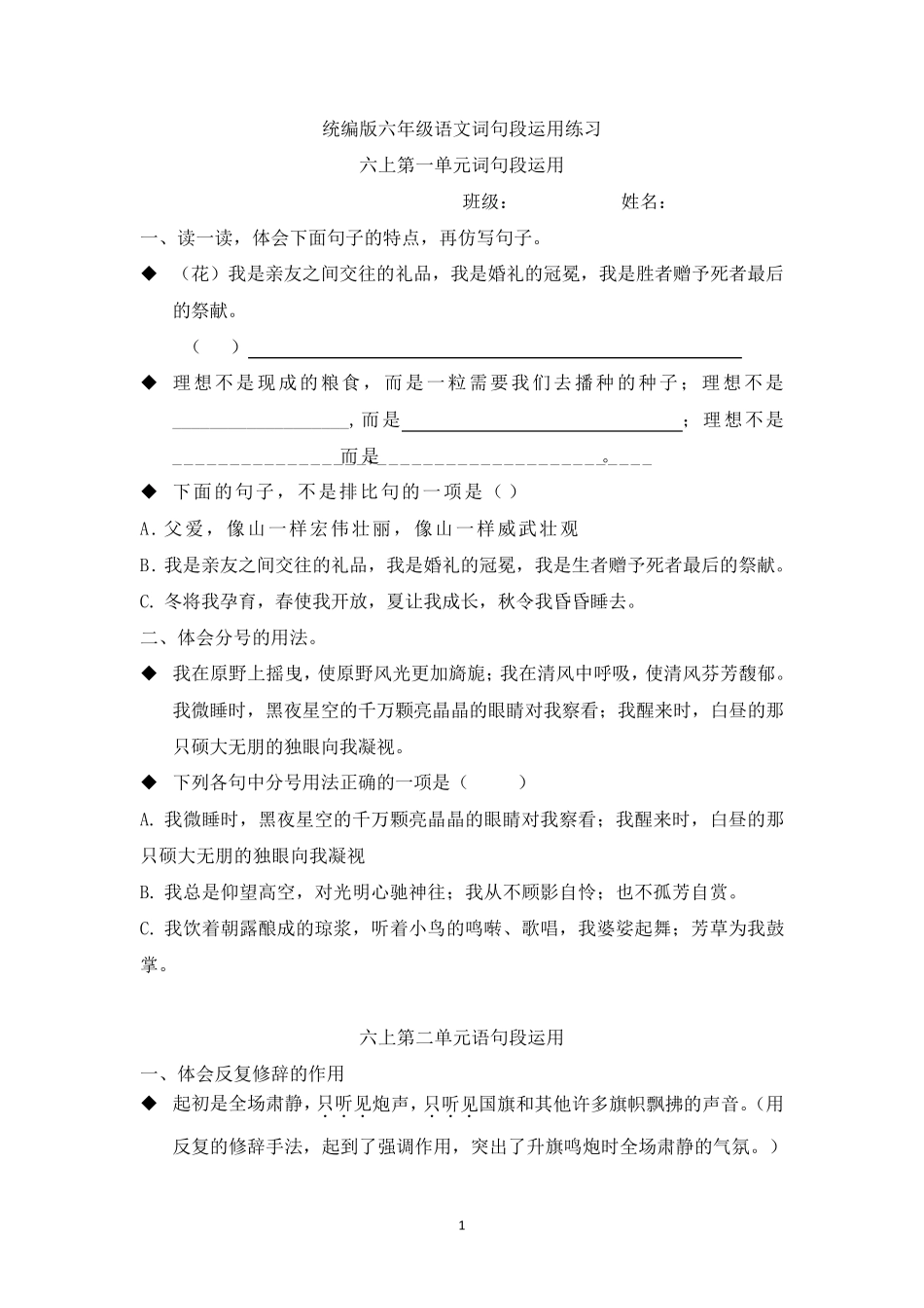 统编版六年级语文词句段运用练习_第1页