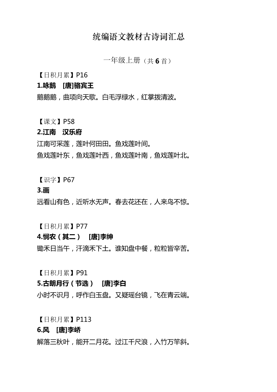 统编语文教材16年级古诗文汇总_第1页