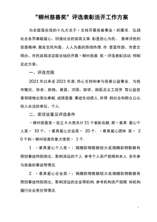 慈善奖评选表彰活动工作方案