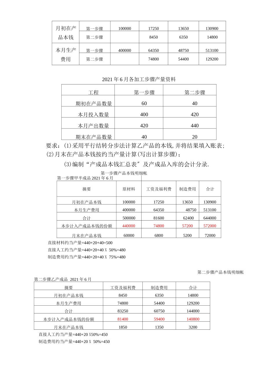成本会计分步法练习题及答案_第3页