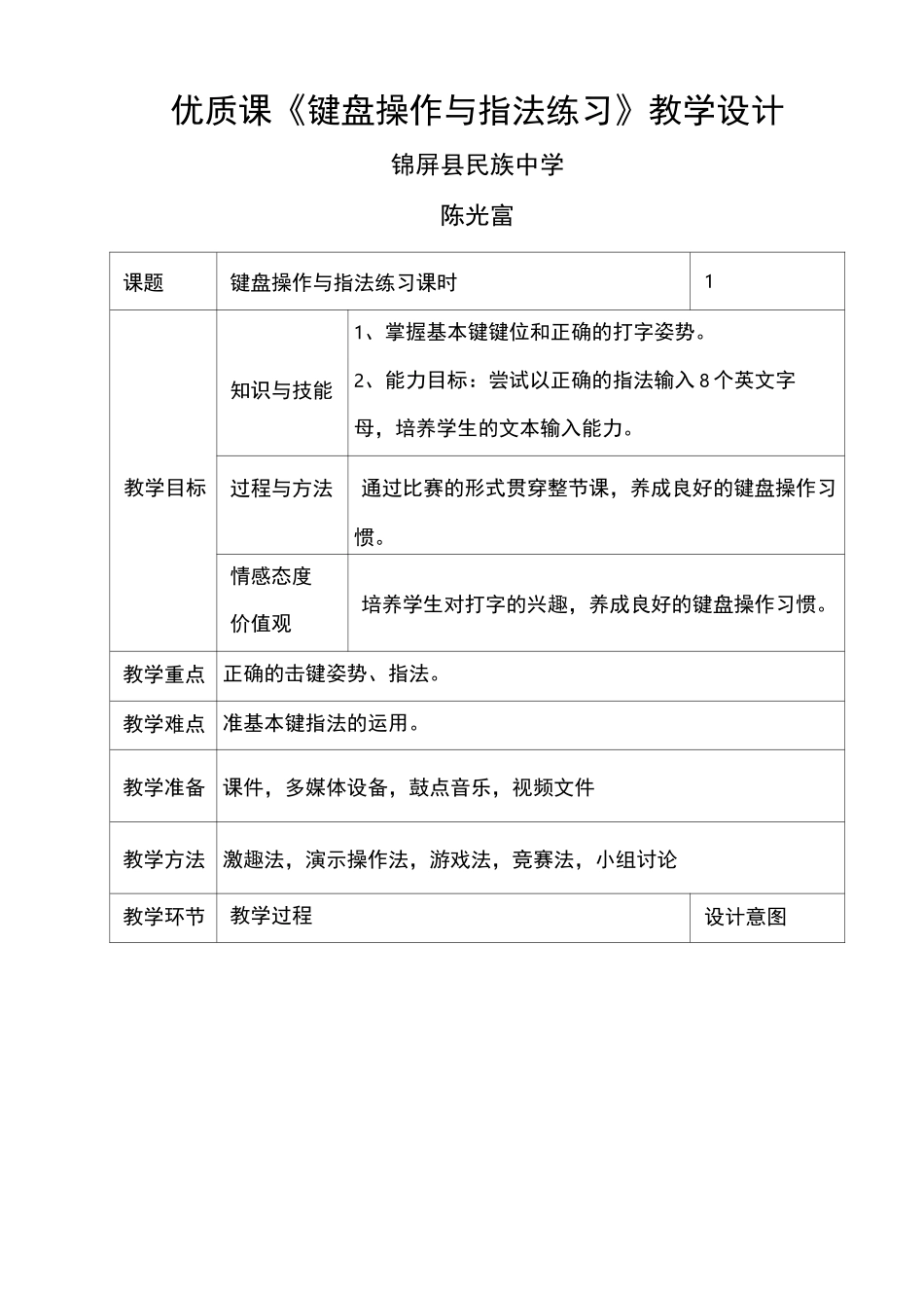 优质课《键盘操作与指法练习》教学设计_第1页