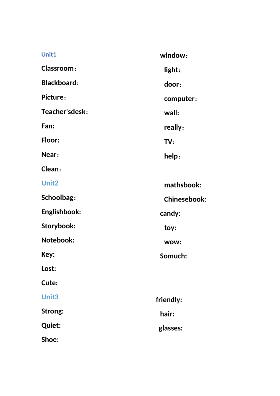 人教版四年级上下册英语单词默写表(英译汉)_第1页
