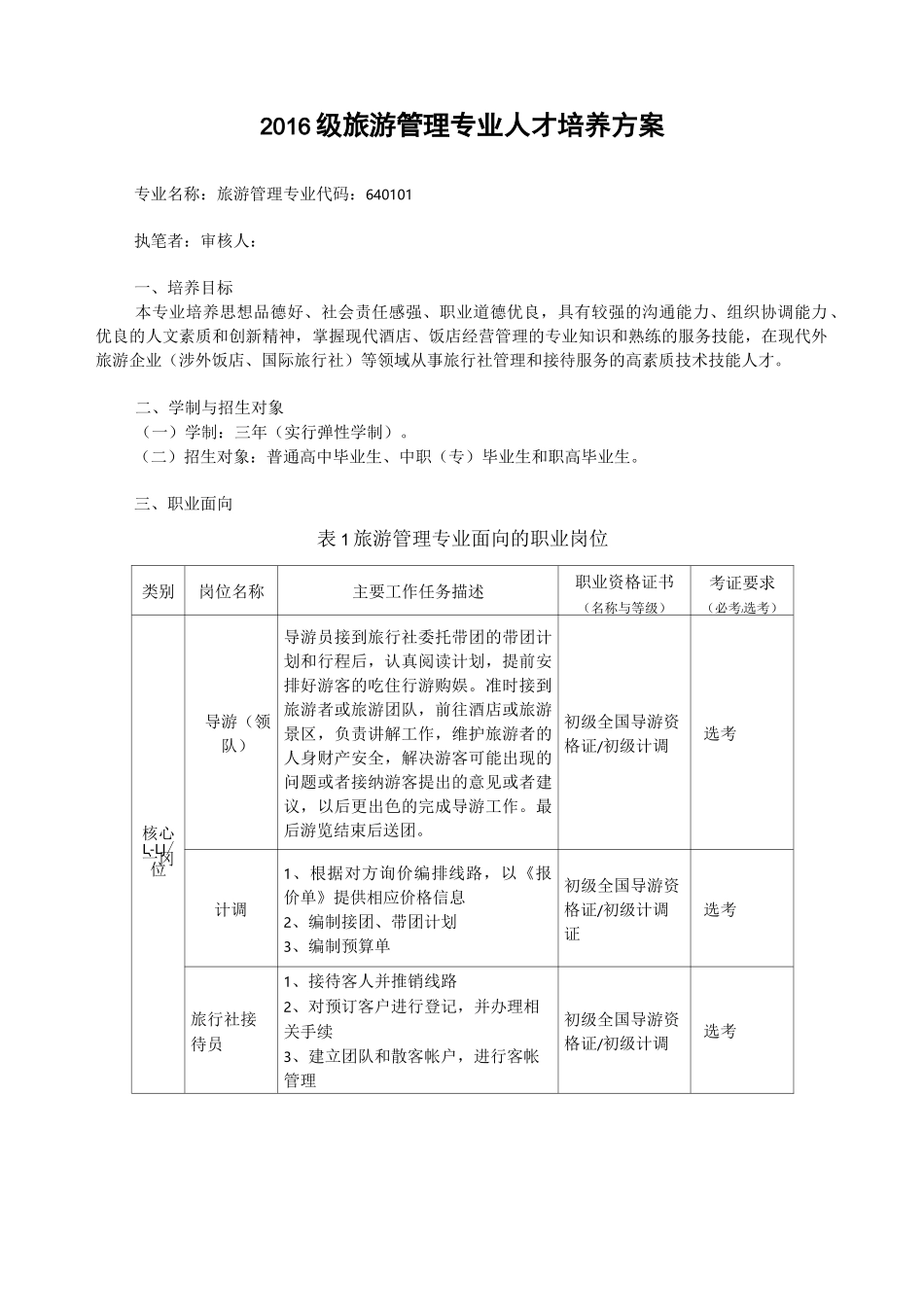 旅游管理 人才培养方案_第1页