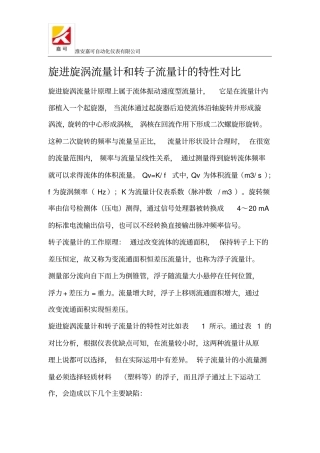 旋进旋涡流量计和转子流量计的特性对比