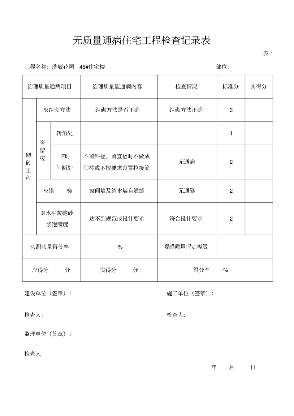 无质量通病住宅工程检查记录表_第1页