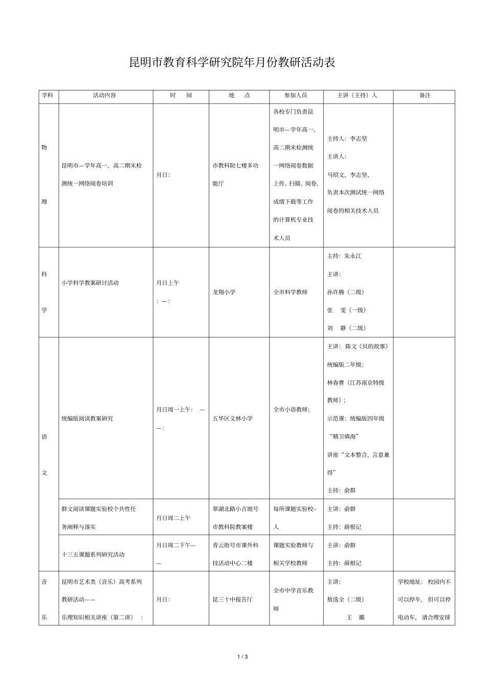 昆明教育科学研究院2018年6月份教研活动表_第1页