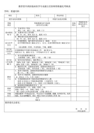 晋升临床医学专业高级技术资格量化考核表副高各科