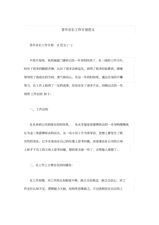 晋升店长工作计划范文