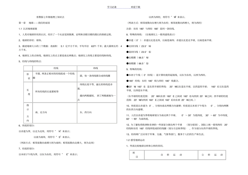 晋教版七年级地理八开打印复习资料_第1页