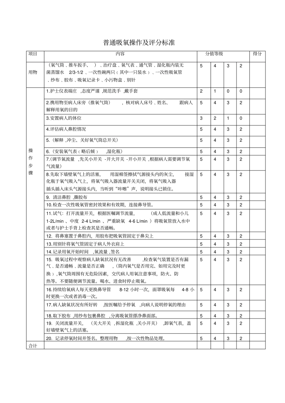 普通吸氧操作及评分标准_第1页