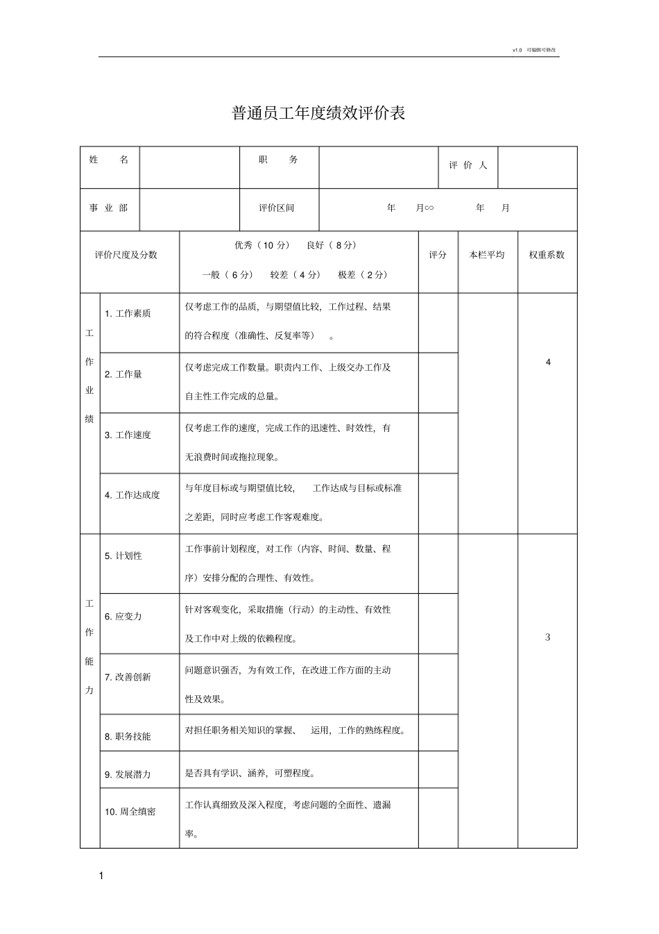 普通员工年绩效评价表_第1页