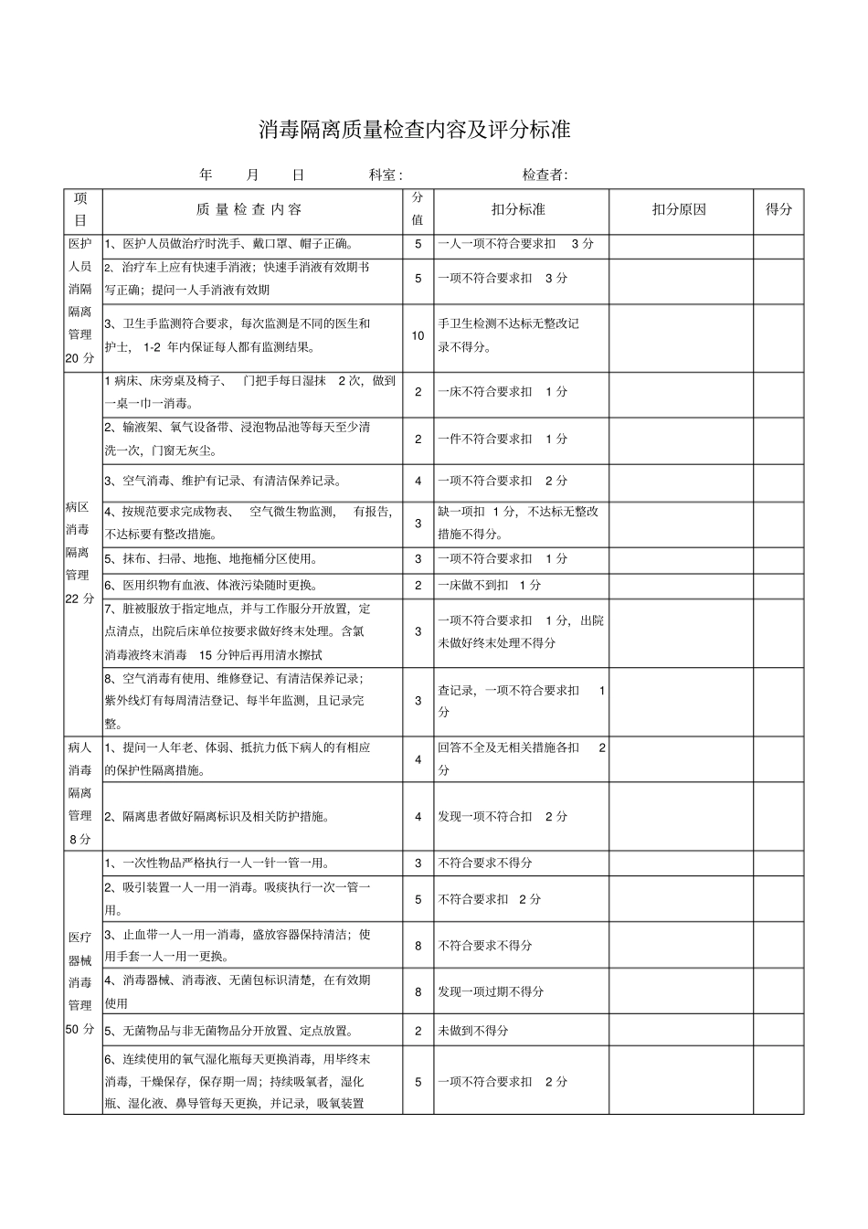 普通科室消毒隔离检查表格_第1页