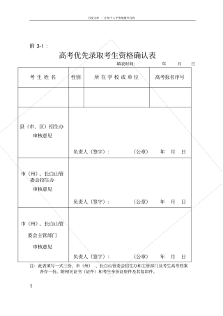 普通高校招生照顾加分考生资格审核表