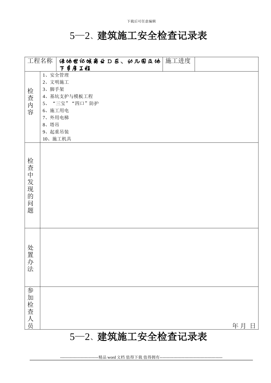 5—2、建筑施工安全检查记录表_第1页