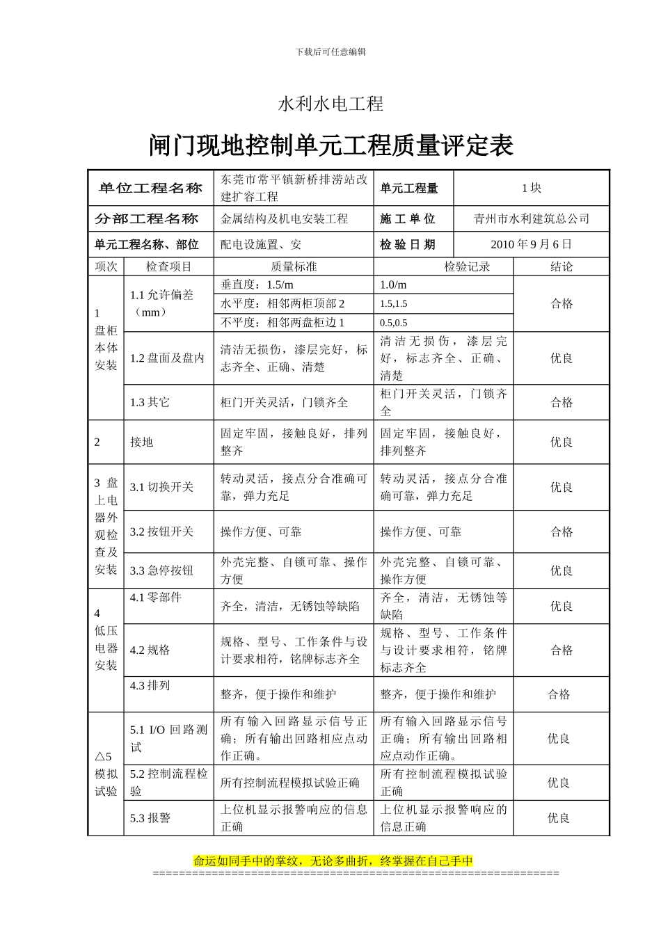 5闸门现地控制单元工程质量评定表_第1页