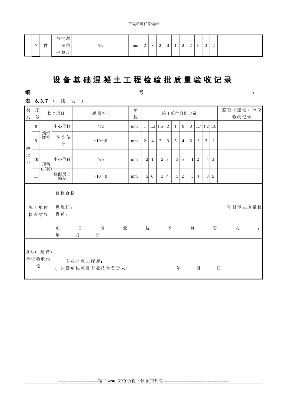6.3.7-设备基础混凝土工程检验批质量验收记录_第2页