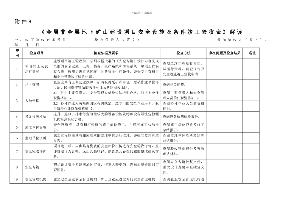 8.《金属非金属地下矿山建设项目安全设施及条件竣工验收表》解读_第1页