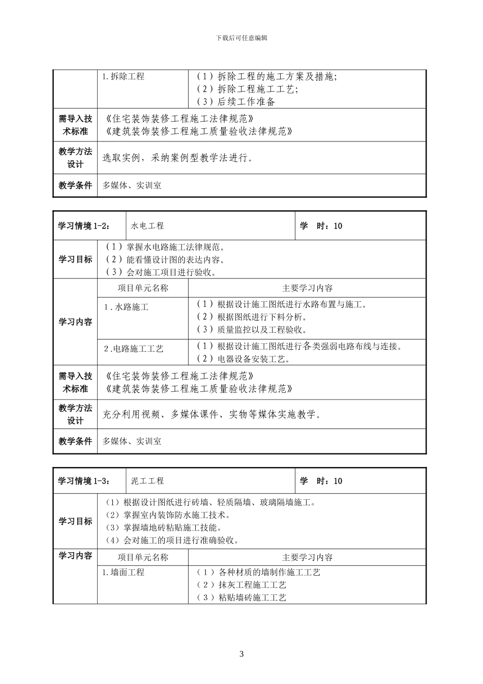 《建筑装饰施工技术》课程标准_第3页