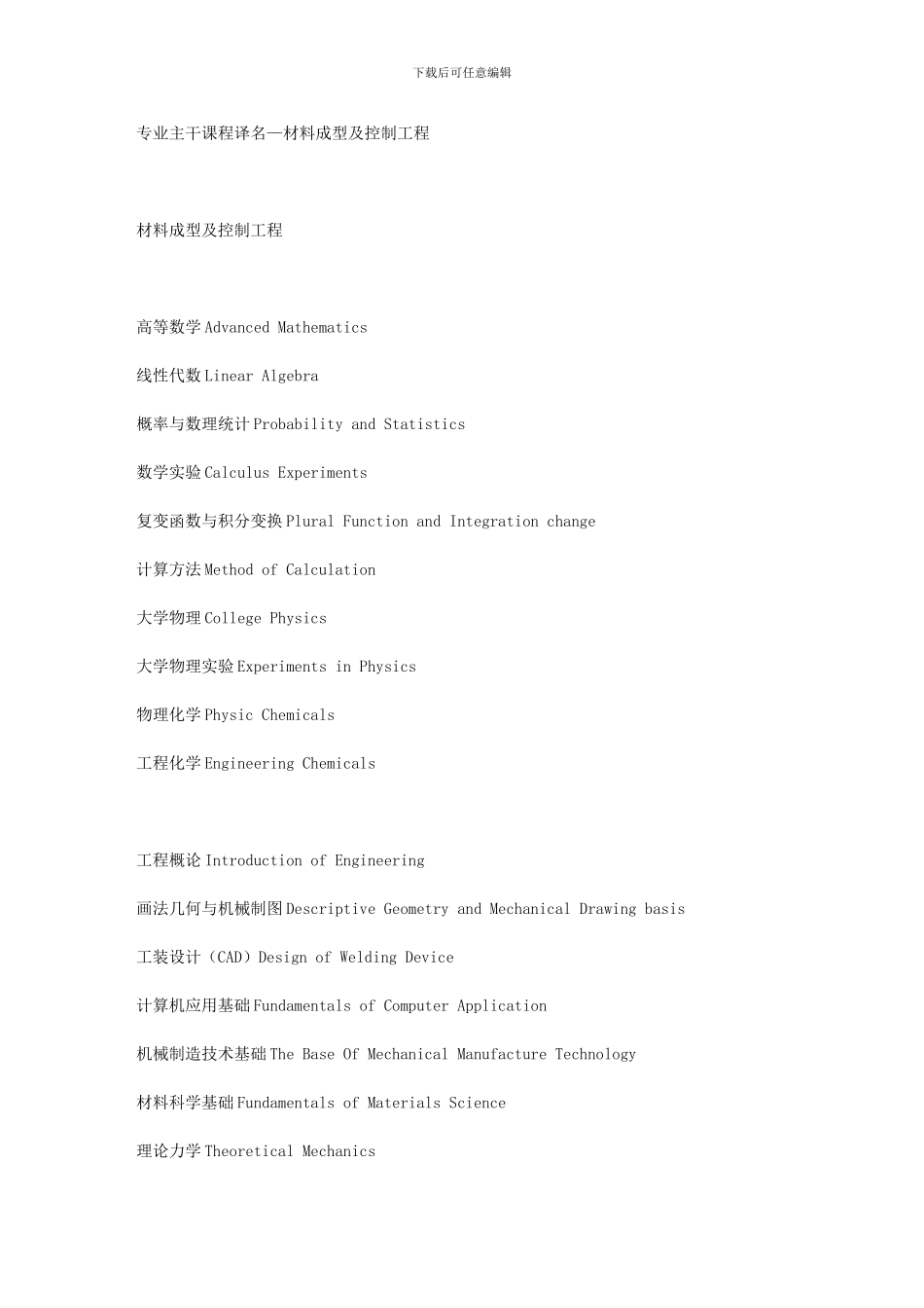 专业主干课程翻译—材料成型及控制工程_第1页