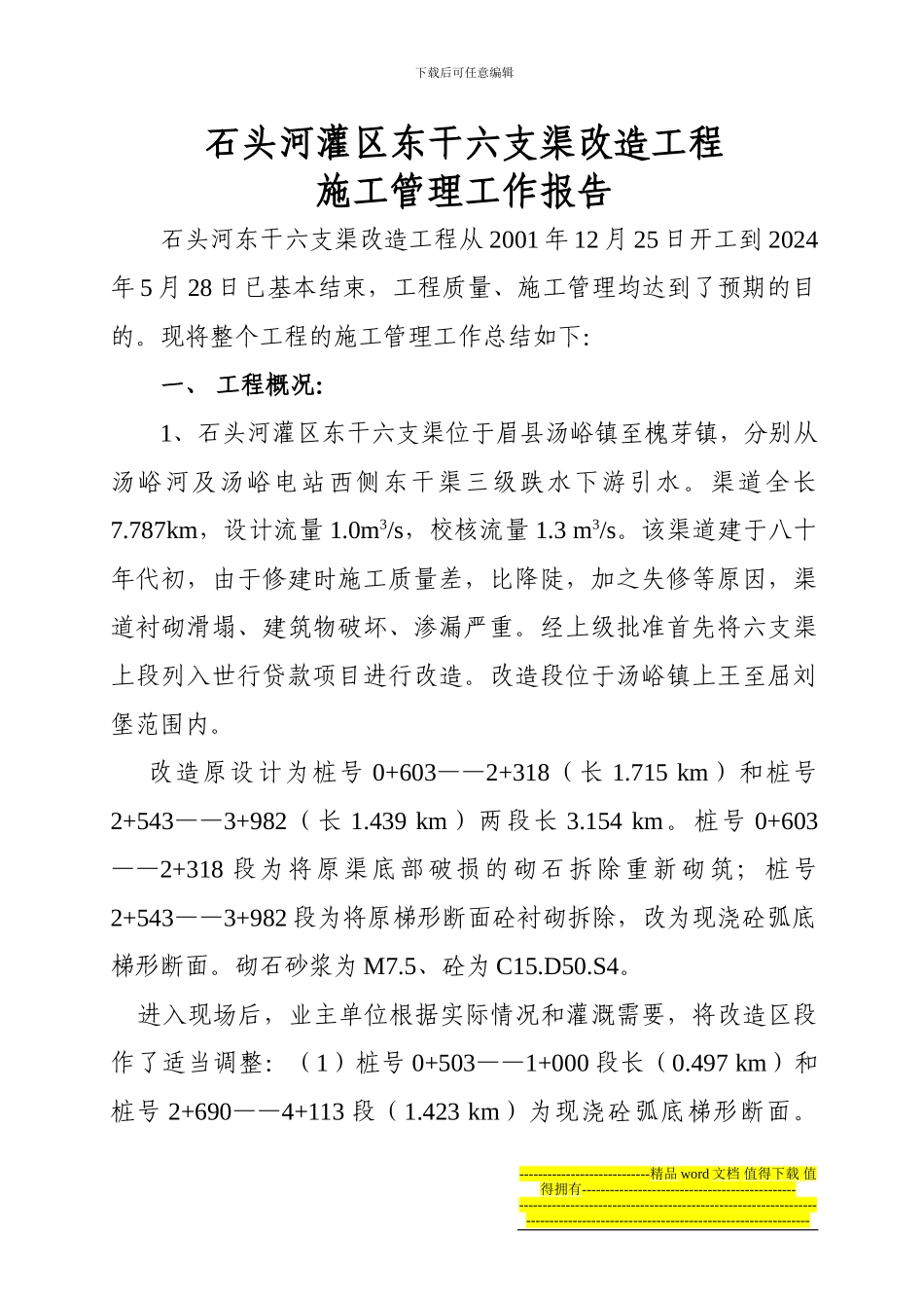 东干六支渠改造工程施工管理工作报告_第1页