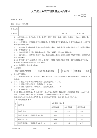 人工挖土分项工程质量技术交底卡