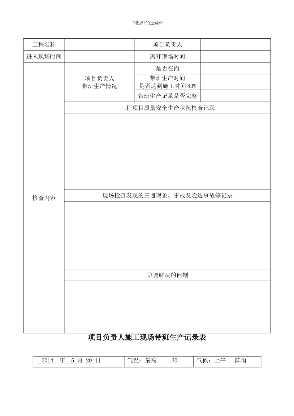 企业负责人施工现场带班检查记录表_第2页