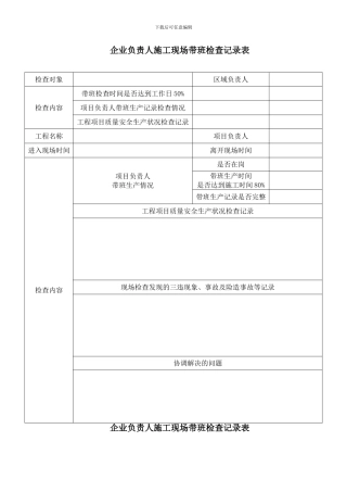 企业负责人施工现场带班检查记录表