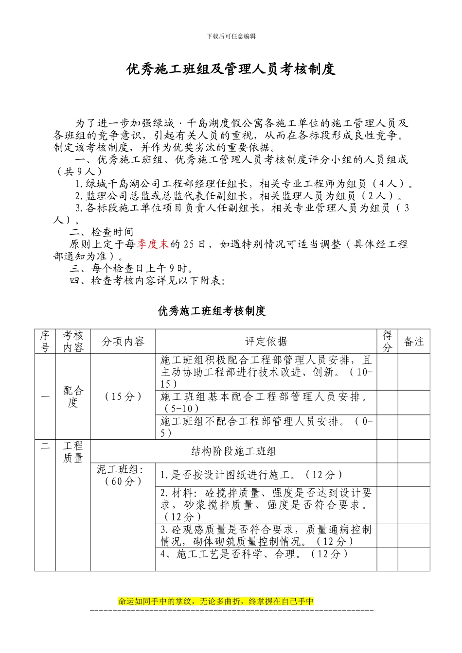 优秀施工班组考核制度--绿城的若干工程管理制度和资料_第1页