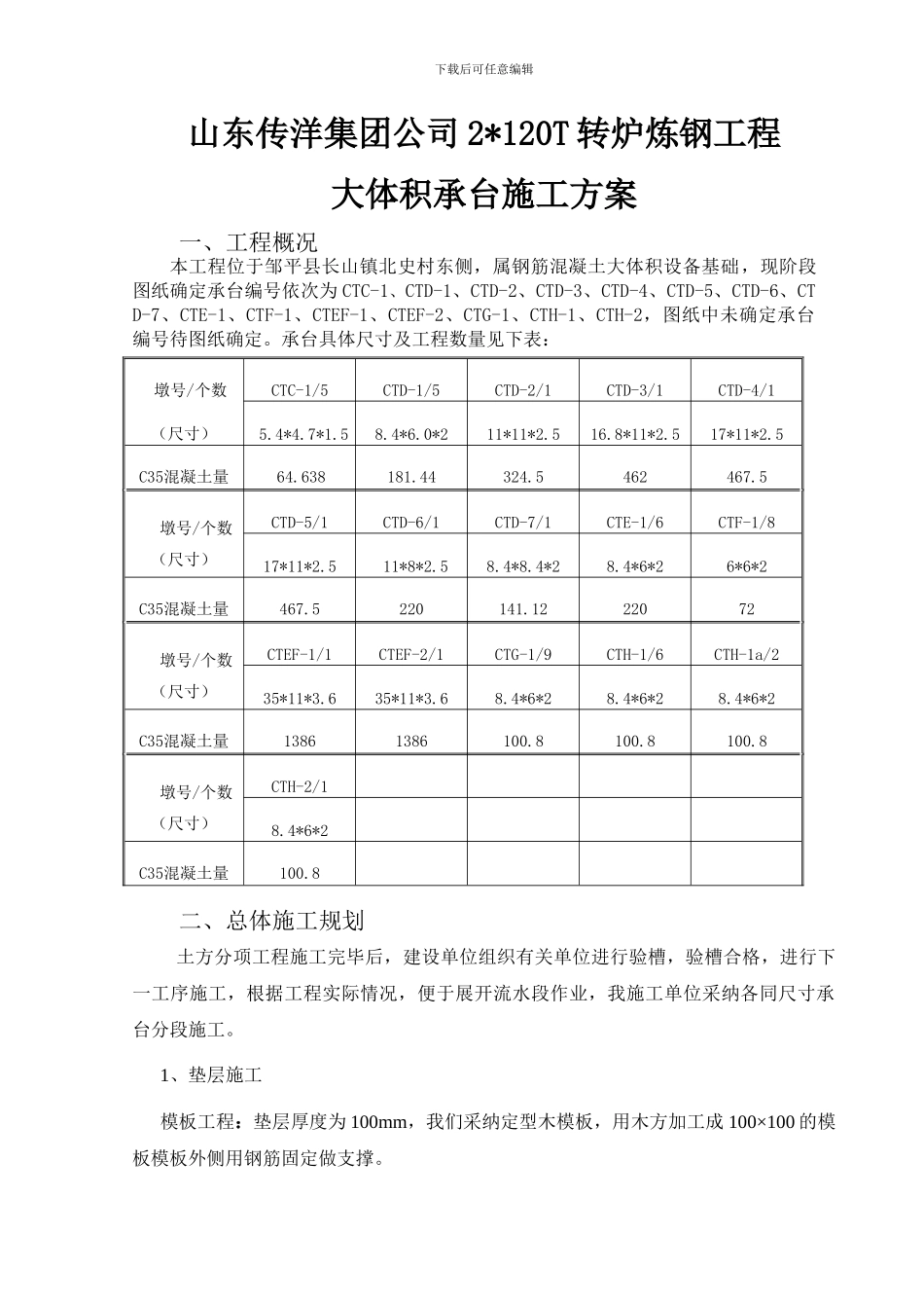 传洋集团公司120T转炉基础承台专项施工方案_第1页