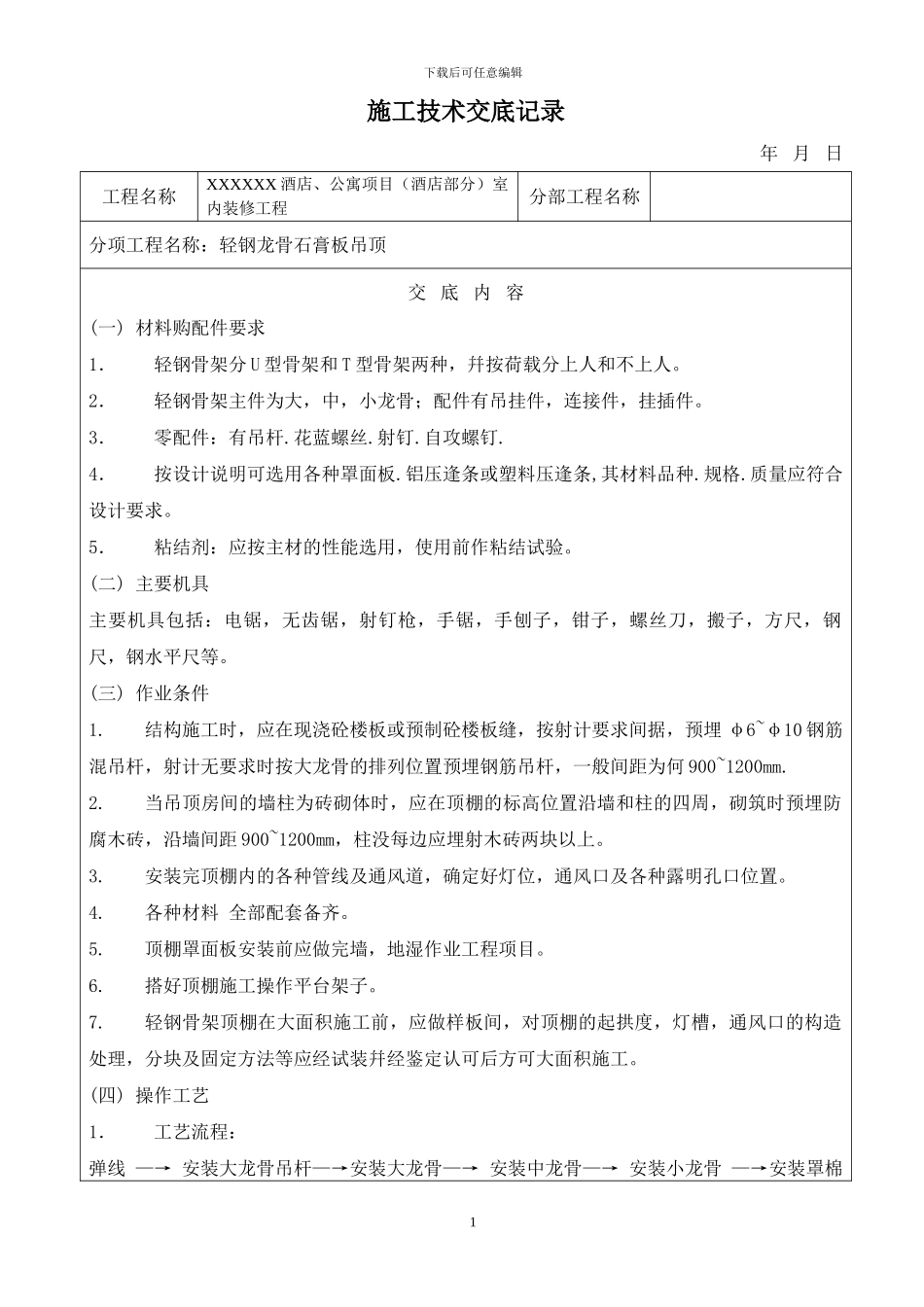 作业指导书-----轻钢龙骨石膏板吊顶施工方案及工艺_第1页