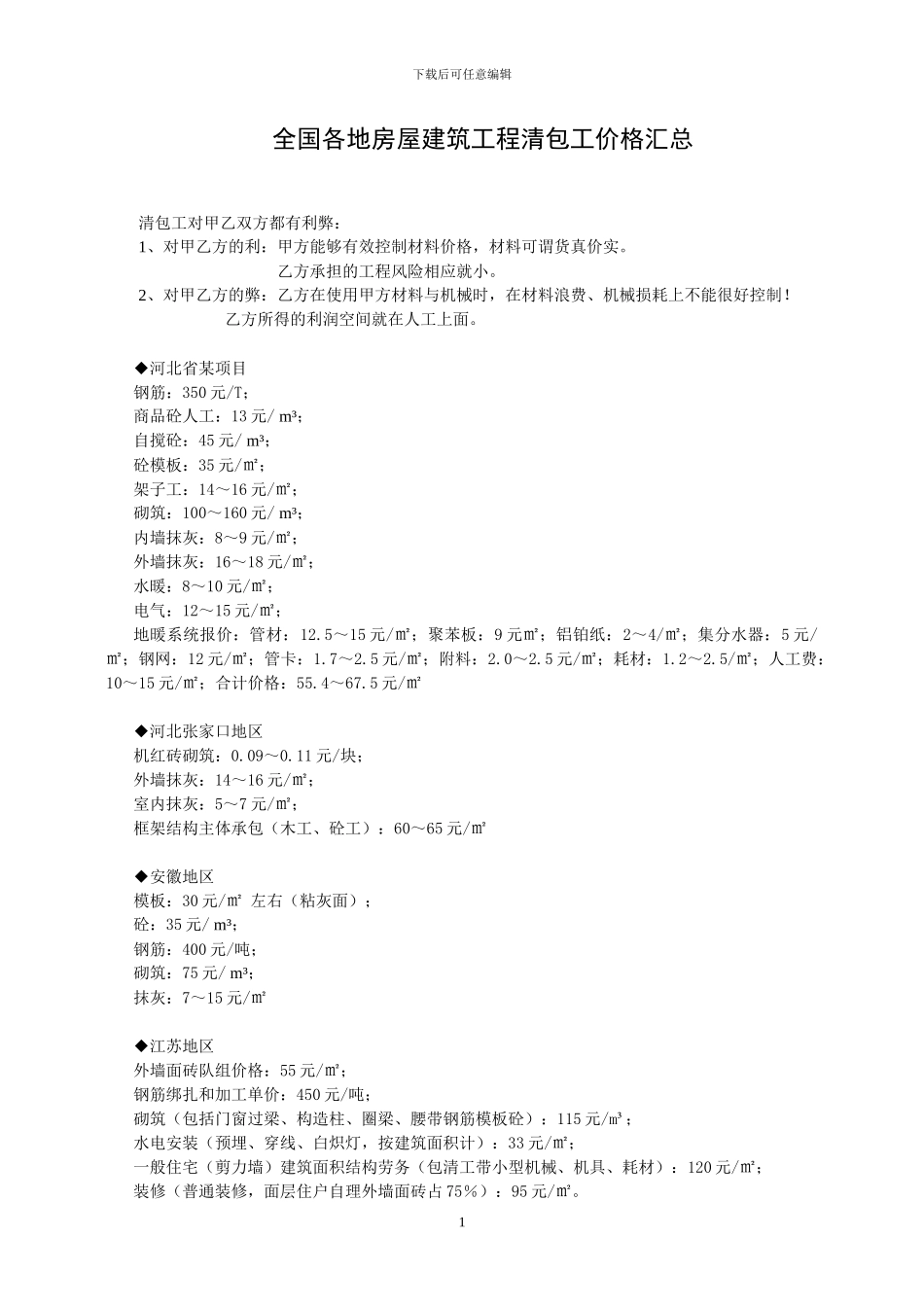 全国各地房屋建筑工程清包工价格汇总_第1页