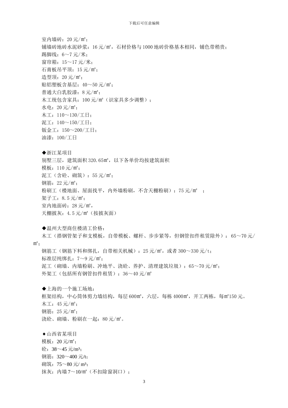 全国各地房屋建筑工程清包工价格汇总_第3页