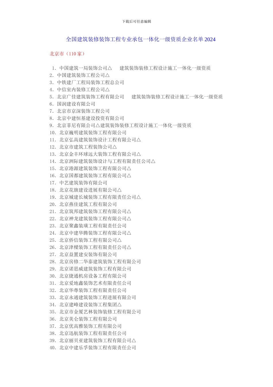 全国建筑装修装饰工程专业承包一体化一级资质企业名单2024_第1页