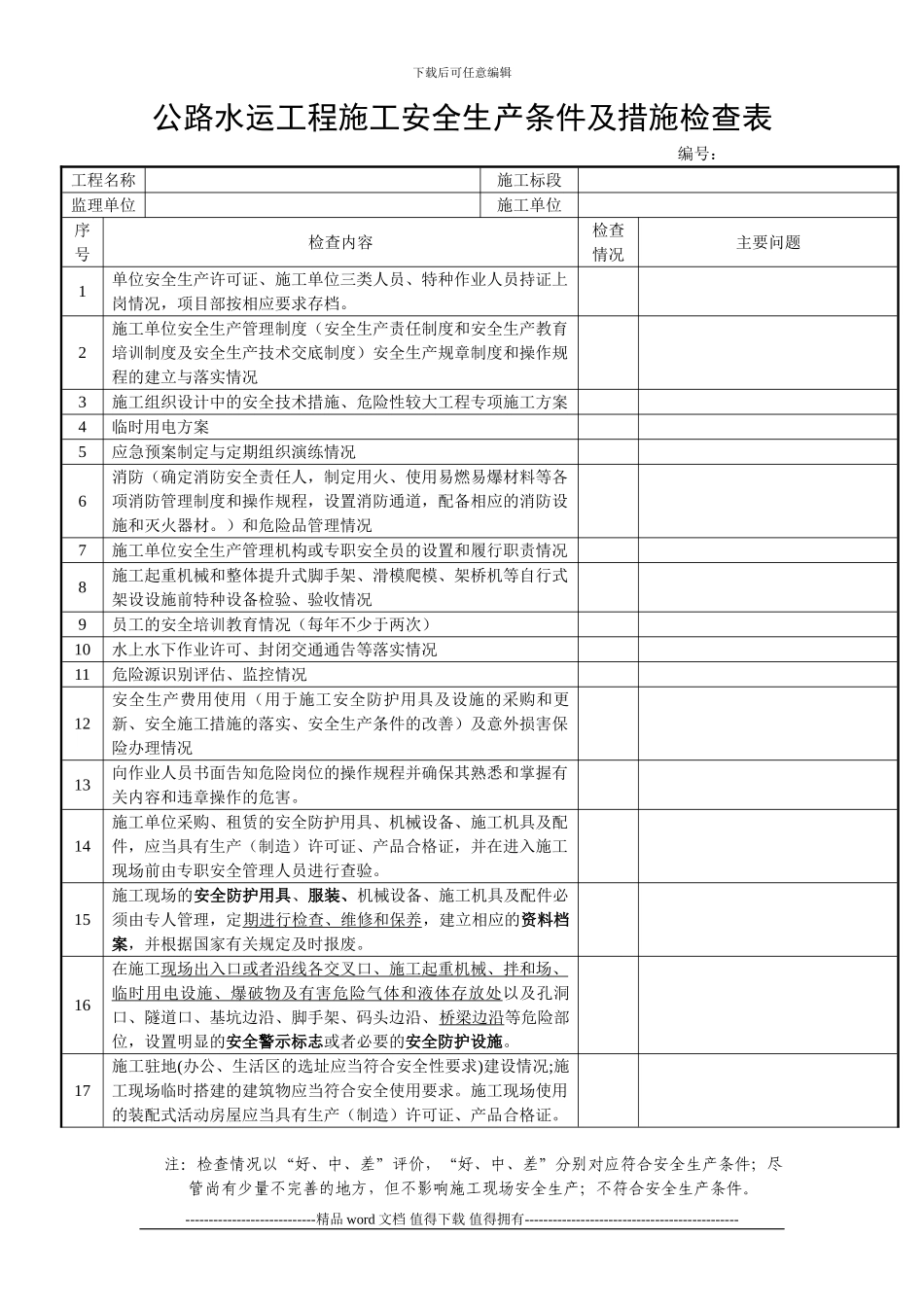 公路安全生产检查表--施工_第1页
