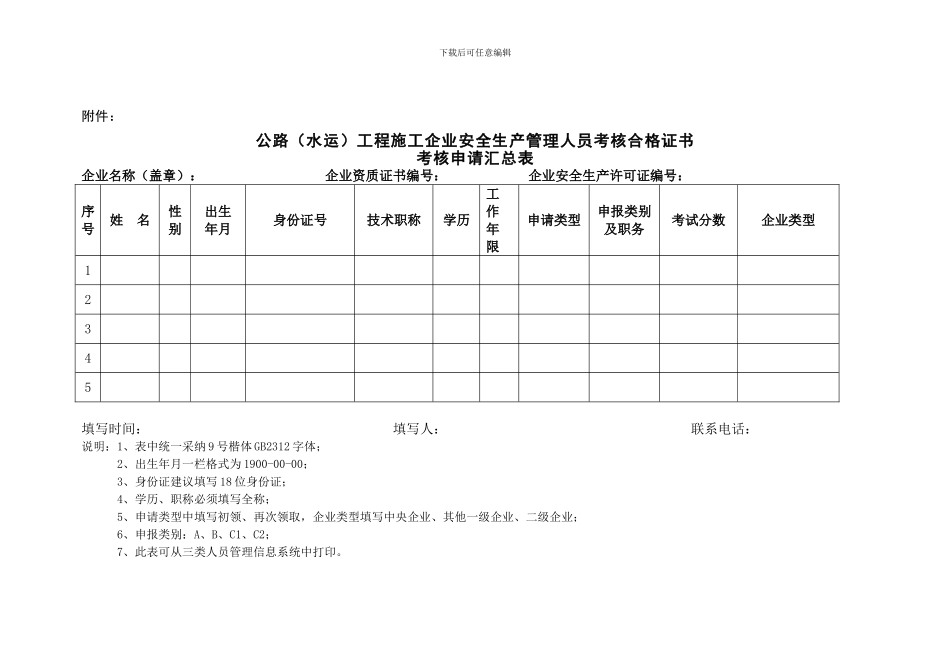 公路工程施工企业安全生产管理人员考核合格证书个人考核申请表_第2页