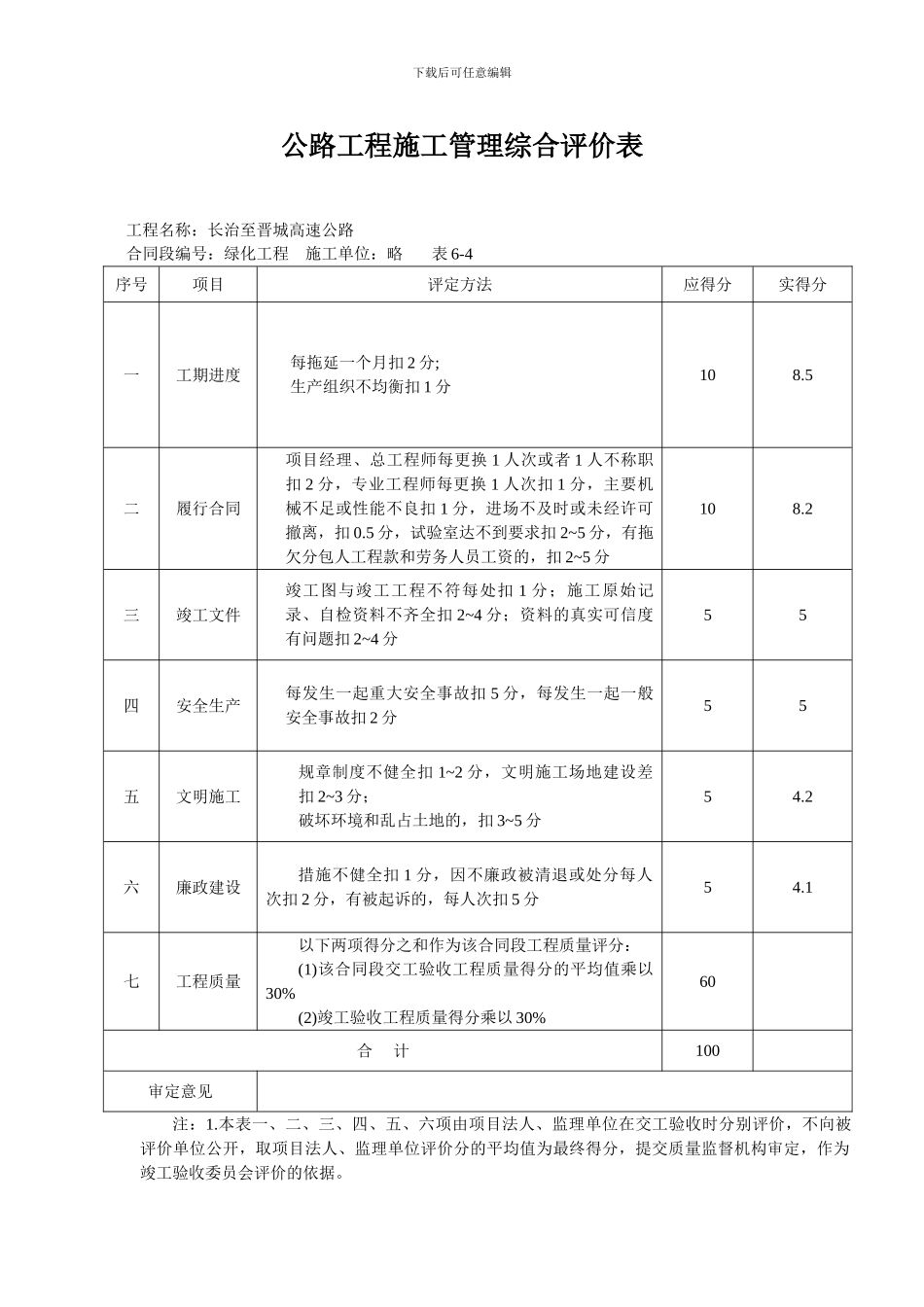公路工程施工管理综合评价表_第1页