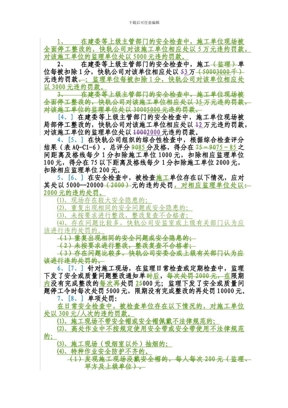 关于《北京地铁15号线安全、文明施工、绿色施工、消防检查管理办法》中奖惩措施内容修订_第2页