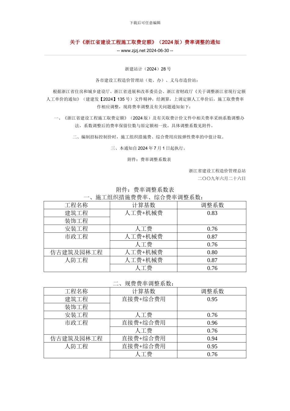 关于《浙江省建设工程施工取费定额》费率调整的通知_第1页
